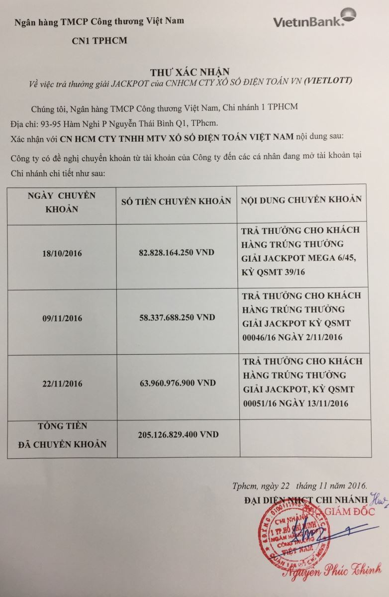  Thư xác nhận trả thưởng của VietinBank 