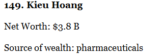 
Tài sản của ông Hoàng Kiều ngày 29/9/2015. Nguồn: Forbes
