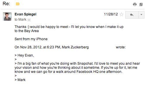 
Email trao đổi giữa Spiegel và Mark Zuckerberg.
