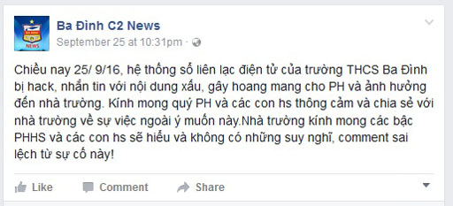 Trên trang Facebook Ba Đình C2 News của trường THCS Ba Đình đưa ra thông điệp mong sự thông cảm của phụ huynh và học sinh sau sự cố sổ liên lạc điện tử nhắn tin tào lao.