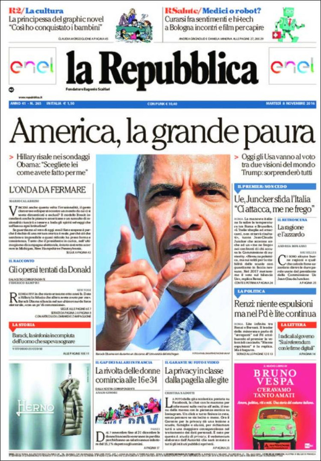 
Tờ La Repubblica của Ý với tiêu đề: Nước Mỹ, nỗi sợ hãi vĩ đại.
