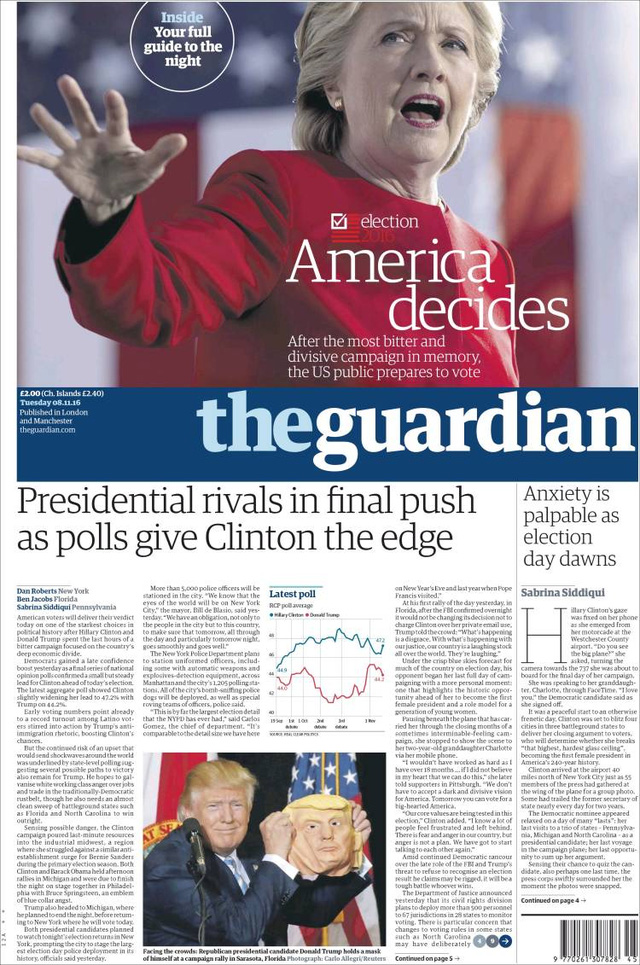 
Tờ The Guardian của Anh rút tít Người Mỹ quyết định. Sau chiến dịch tranh cử chia rẽ và gay gắt nhất trong lịch sử, dân Mỹ chuẩn bị đi bỏ phiếu.
