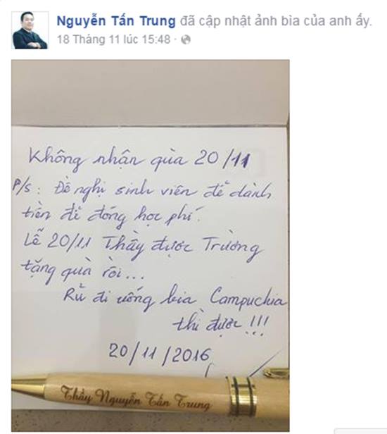 
Dòng chia sẻ dễ thương của thầy Nguyễn Tấn Trung. Ảnh: FBNV.
