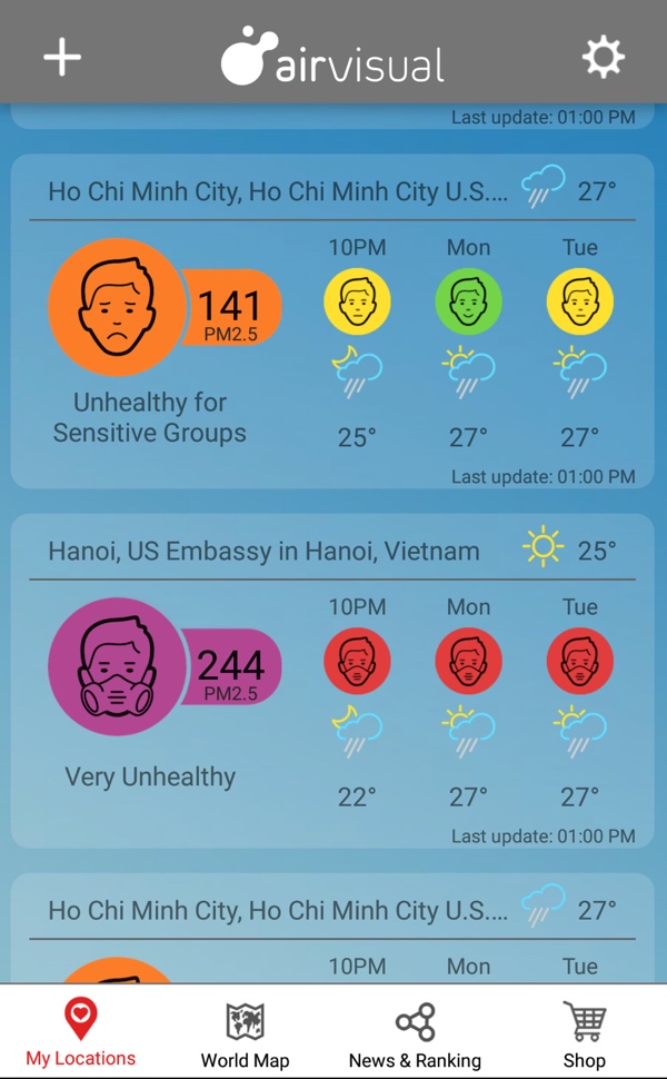 Chỉ số chất lượng không khí ở Hà Nội là 244 tại thời điểm 1 giờ chiều 11/12. TP.HCM là 141.