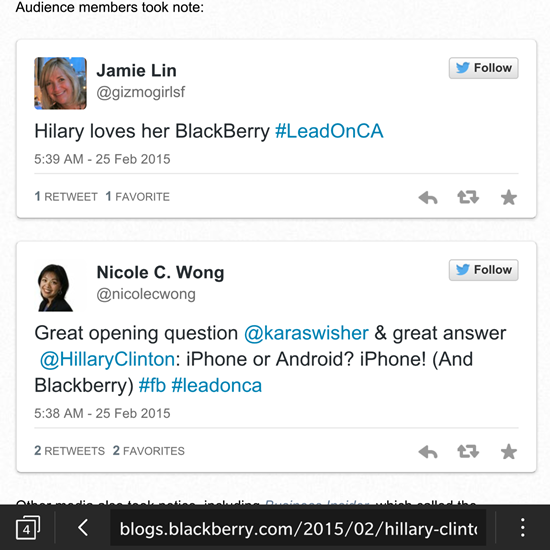 Báo giới đều khẳng định rằng bà Hillary là fan của BlackBerry