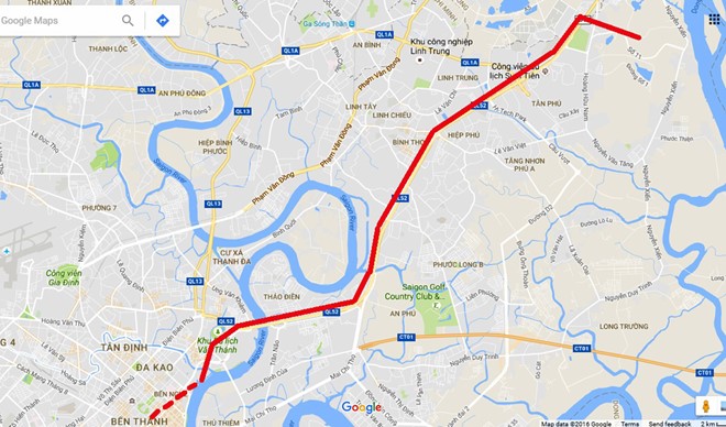 Sơ đồ tuyến metro Bến Thành - Suối Tiên. Ảnh: Google Maps.