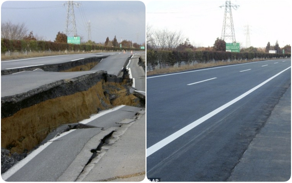 Hình bên trái được chụp vào ngày 11/3/2011. Đến ngày 17, con đường đã được hoàn thiện.