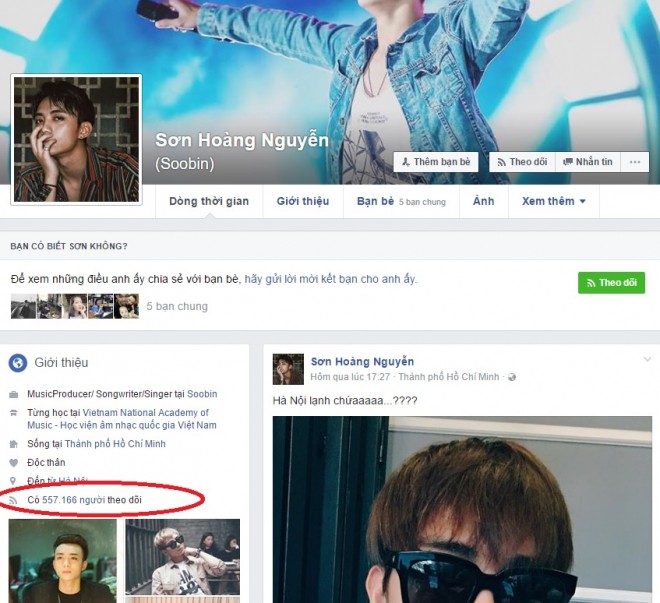 Tài khoản Facebook của Soobin Hoàng Sơn giảm hơn 1 triệu còn 557.166 follower