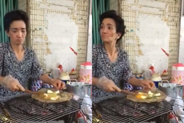 Bà bán bánh tráng nướng nổi tiếng ở đường Nguyễn Văn Trỗi đã lên tiếng đuổi nhóm khách 6 người vì chỉ gọi 1 cái bánh. Ảnh cắt từ clip.