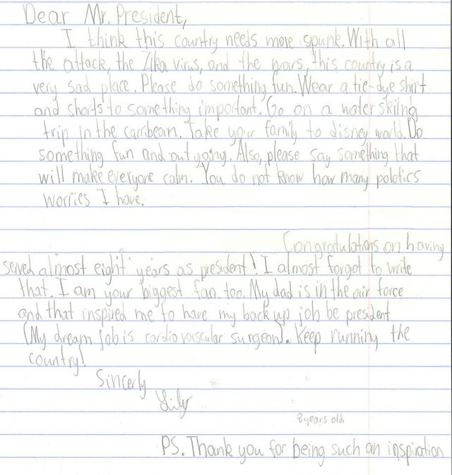 
Hình ảnh bức thư của cô bé Lily 8 tuổi gửi Tổng thống Obama .
