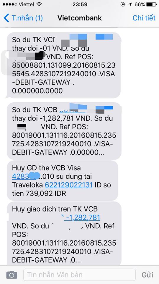 
Các tin nhắn báo các giao dịch “tự hoạt động” từ thẻ Visa của chị G.
