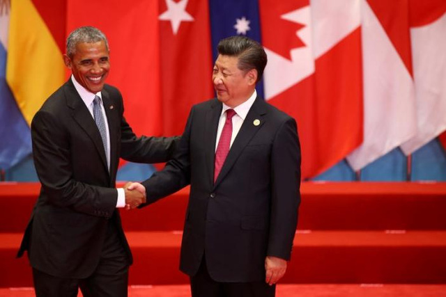 
Tổng thống Obama (trái) bắt tay Chủ tịch Trung Quốc Tập Cận Bình tại Hằng Châu. Ảnh: Reuters
