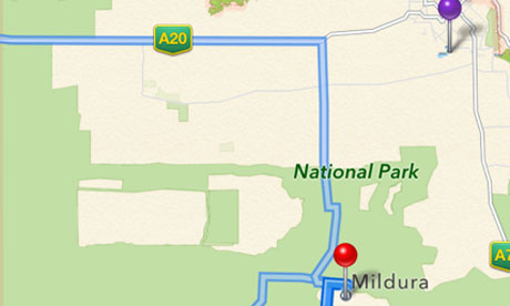 
Khu vực Mildura tại Úc, với màu tím là địa điểm chính xác, màu đỏ là khu vực mà nhiều người đã lạc.
