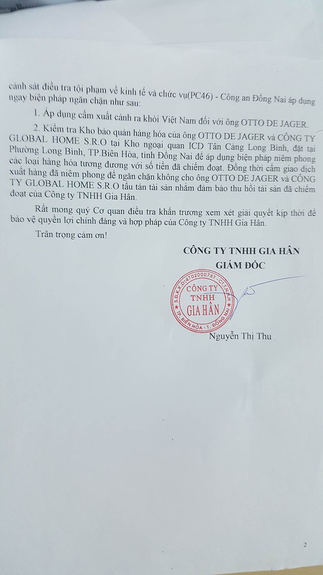 
Đơn đề nghị cấm xuất cảnh với doanh nhân Otto De Jager của Công ty TNHH Gia Hân
