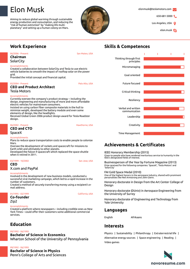 Bản Resume của Elon Musk với những đầu mục rút gọn và chỉ dài trong 1 trang.