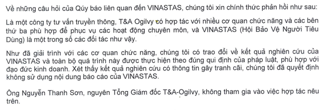 
Một phần nội dung trả lời qua email được gửi từ bà Nguyễn Diệu Cầm - GĐ điều hành T&A Ogilvy.
