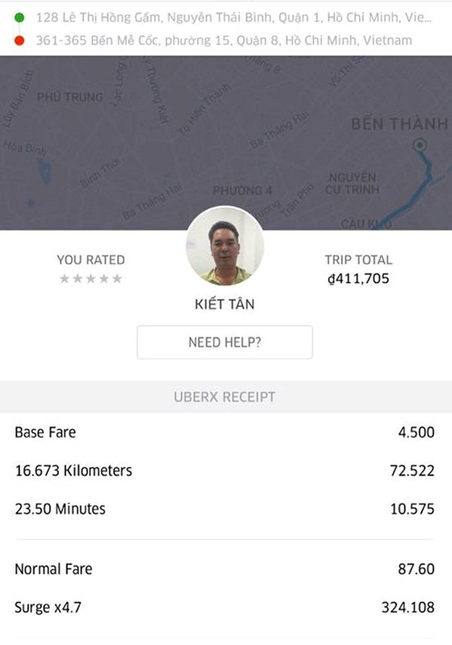 
Giá cước Uber tăng gần 5 lần ngày mưa lớn tại Sài Gòn. Ảnh: Fanpage Uber.

