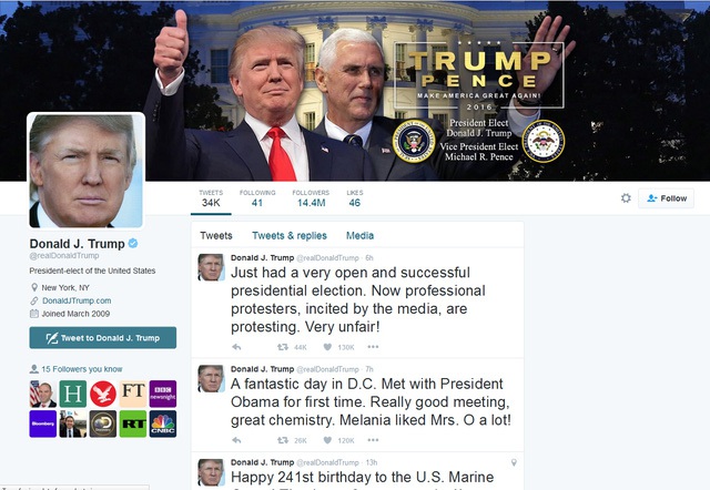 Tài khoản Twitter của Tổng thống mới đắc cử Donald Trump. Ảnh chụp màn hình