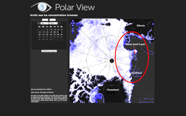 Cực Bắc ở chính giữa, xung quanh là những thay đổi của biển băng từ ngày 12/11 cho tới 19/11 năm nay.