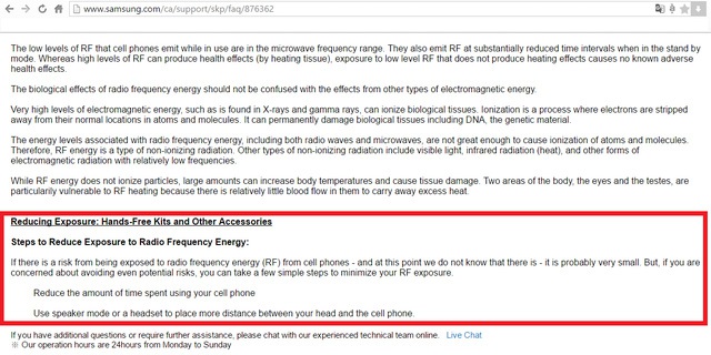 Một số lời khuyên giúp người dùng hạn chế tiếp xúc với RF trên trang chủ của Samsung