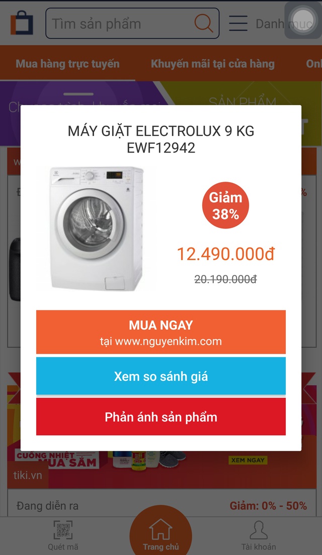 
Chiếc máy giặt khuyến mãi ảo của Nguyễn Kim xuất hiện trên trang web của Online Friday khiến khách hàng bức xúc. Ảnh chụp màn hình.
