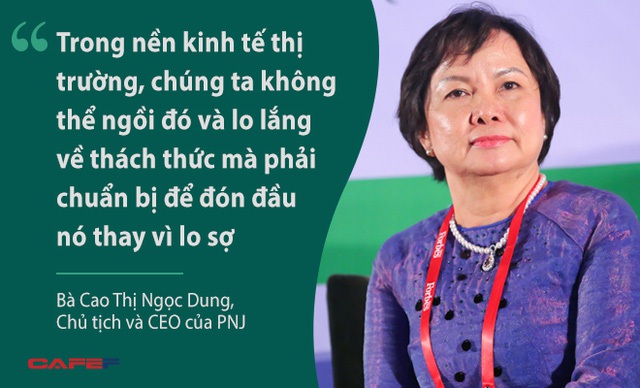  Bà Cao Thị Ngọc Dung nói về cách thức mà PNJ sử dụng để vượt qua khó khăn và thách thức trong giai đoạn hội nhập. Ngoài ra, bà Dung cũng nhấn mạnh vào việc xây dựng các giá trị cốt lõi cũng như sứ mệnh và tầm nhìn, điều cả lãnh đạo và nhân viên của PNJ đều thấm nhuần. Đó là cách xây dựng thương hiệu hiệu quả mà PNJ đã và đang thực hiện. 