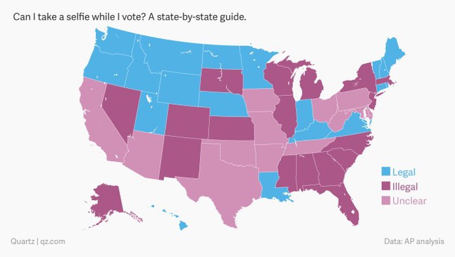 
Các bang cấm (đỏ), không cấm (xanh) và không rõ ràng (hồng) về việc chụp ảnh tự sướng trong cuộc bỏ phiếu tổng thống Mỹ 2016.
