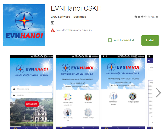 
Ứng dụng EVNHanoi CSKH trên chợ Google Play Store
