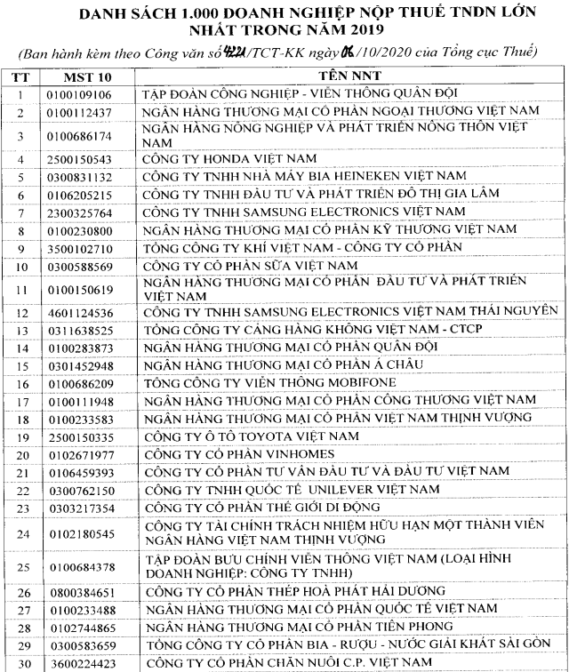 Điểm mặt 1.000 doanh nghiệp nộp thuế lớn nhất Việt Nam 2019 - Ảnh 1.