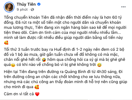 Thủy Tiên thông báo đã nhận được 60 tỷ từ thiện, kể chuyện chỉ mang theo 2 bộ quần áo, chân bị ghẻ vì lội nước mà ai cũng xót xa  - Ảnh 1.