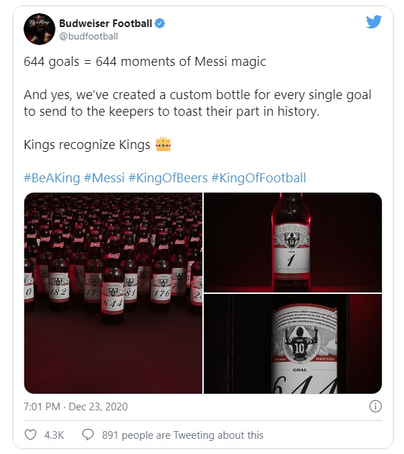 Chiến dịch marketing dị của Budweiser: Kỷ niệm Messi ghi được 644 bàn thằng bằng cách gửi vỏ chai có đánh số cho 160 thủ môn là nạn nhân - Ảnh 1.