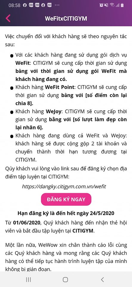 Diễn biến mới vụ WeFit: Khách hàng được chuyển đổi sang Citigym, tập đủ dịch vụ mà không cần trả thêm phí - Ảnh 2.