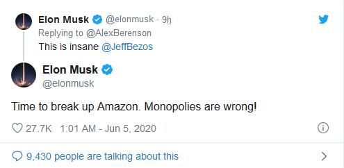Vừa tuyên bố nghỉ chơi Twitter, Elon Musk đã đăng tweet chọc ngoáy ông chủ Amazon - Ảnh 2.