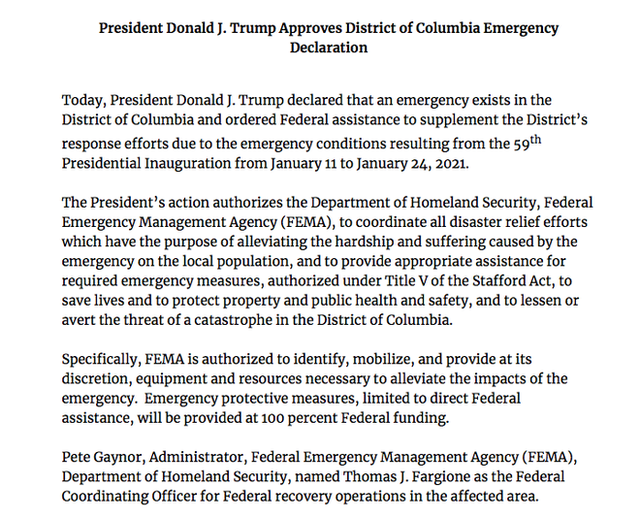  TT Trump ban bố tình trạng khẩn cấp ở Washington trước, trong và sau lễ nhậm chức của ông Biden  - Ảnh 1.