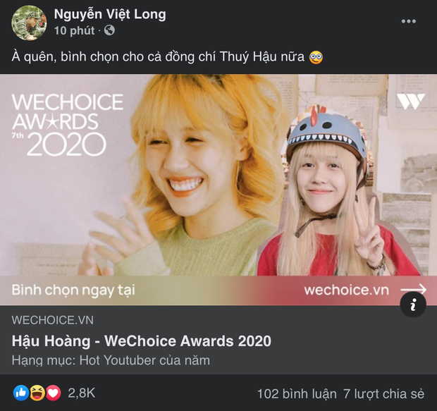 WeChoice Awards 2020: Đua vote quyết liệt ở hạng mục Hot YouTuber của năm, Hậu Hoàng tạm dẫn đầu nhờ lời kêu gọi của Mũi trưởng! - Ảnh 2.