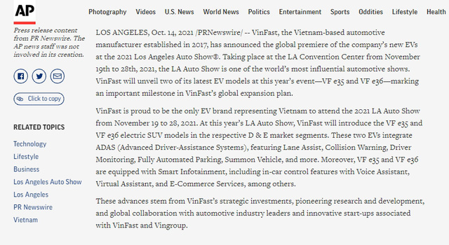 Báo quốc tế đồng loạt đưa tin VinFast đến LA Auto Show 2021, hé lộ tỷ phú Phạm Nhật Vượng sẽ mở nhà máy và 60 showroom tại Mỹ - Ảnh 1.
