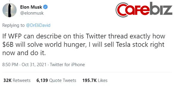 Elon Musk gây bão mạng khi đòi sếp Liên Hợp Quốc ‘sao kê’ nếu muốn ông chi 6 tỷ USD cứu thế giới thoát nạn đói - Ảnh 1.