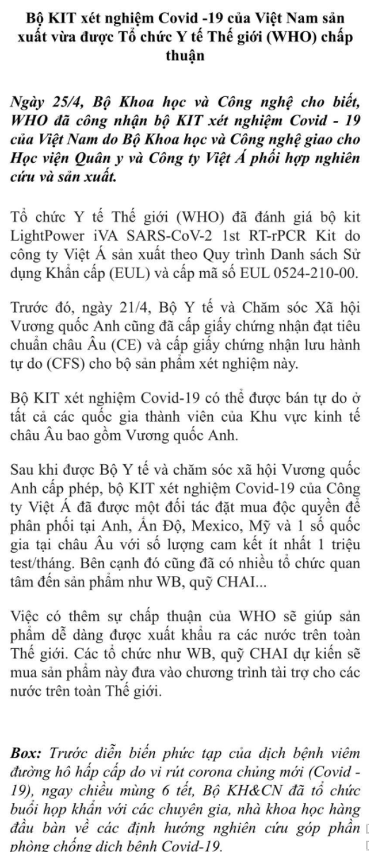  NÓNG: Bộ KH-CN nói thông tin WHO chấp thuận kit test Việt Á sai do tổng hợp từ báo chí - Ảnh 1.