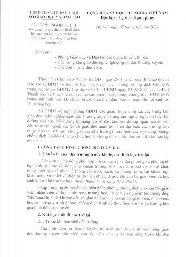 Hà Nội: Yêu cầu hoàn thành công tác phòng, chống dịch khi học sinh trở lại trường trước ngày 1/3 - Ảnh 1.