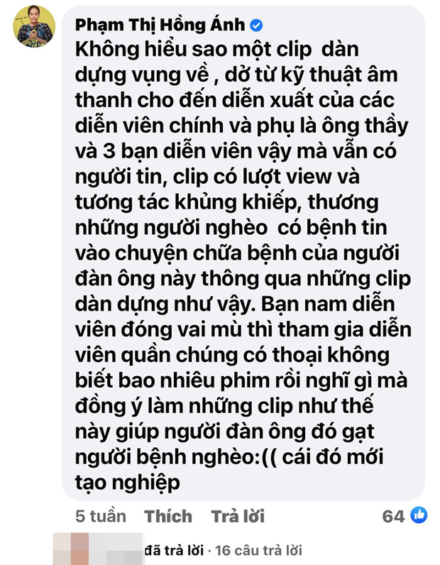 Nghệ sĩ Hồng Ánh tố 1 nam diễn viên giả mù trong clip dàn dựng chữa bệnh nan y của ông Võ Hoàng Yên? - Ảnh 1.