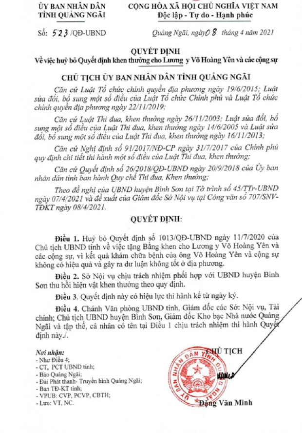Quảng Ngãi hủy bỏ quyết định khen thưởng thần y Võ Hoàng Yên - Ảnh 1.