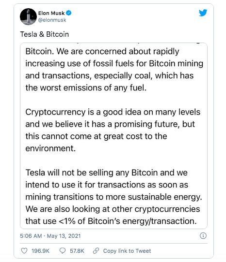 Elon Musk ‘lật kèo’, tuyên bố Tesla dừng chấp nhận thanh toán bằng Bitcoin, giá đồng tiền số lập tức cắm đầu lao dốc - Ảnh 2.