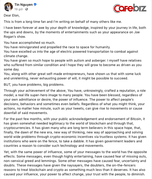 Doanh nhân Nguyễn Trung Tín gửi tâm thư tới Elon Musk: Anh có quyền lực, nhưng hãy sử dụng chúng có trách nhiệm và thật sự cẩn thận! - Ảnh 2.