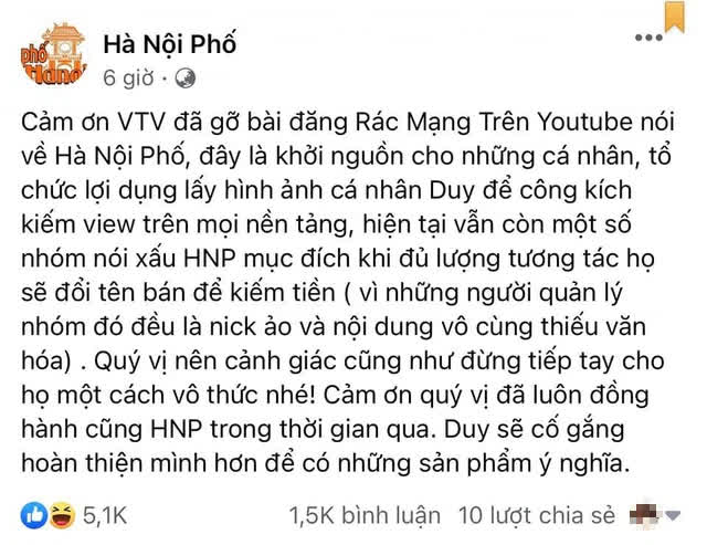 Duy Nến bất ngờ... cám ơn VTV vì đã gỡ bài đăng rác mạng nói về kênh Hà Nội Phố, nhưng YouTube vẫn còn nguyên video? - Ảnh 1.