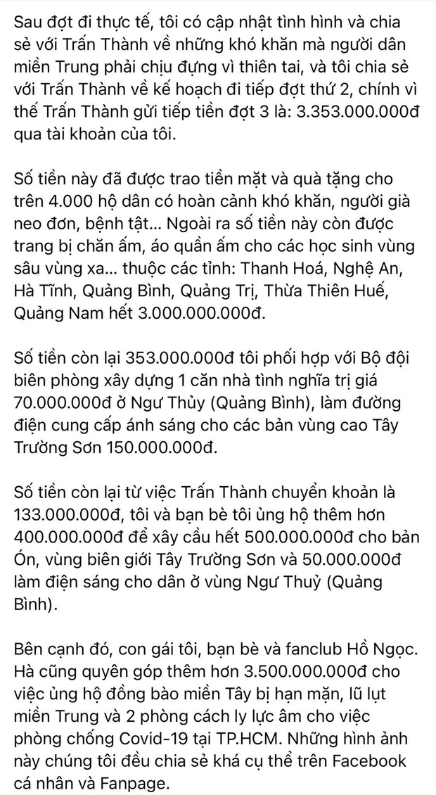  Mẹ Hà Hồ cuối cũng đã nói rõ về chuyện Trấn Thành chuyển 6,45 tỷ tiền cứu trợ miền Trung kèm hình ảnh, thông tin minh bạch - Ảnh 2.