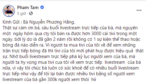 Nhờ buổi livestream của bà Phương Hằng, CEO Phạm Văn Tam “khoe” Asanzo bán 3.000 chiếc TV trong một ngày - Ảnh 1.