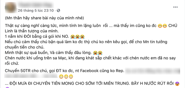  Rầm rộ 1 nhà hảo tâm đăng đàn bức xúc vì chuyển 50 triệu cứu trợ miền Trung cho NS Hoài Linh nhưng không liên lạc được? - Ảnh 1.