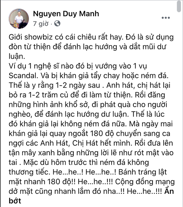  Duy Mạnh bóc trần chiêu trò từ thiện của showbiz Việt, đổi trắng thay đen chỉ trong 1-2 ngày? - Ảnh 1.