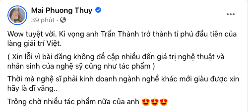 Mai Phương Thúy kỳ vọng Trấn Thành trở thành tỉ phú đầu tiên của làng giải trí Việt - Ảnh 1.