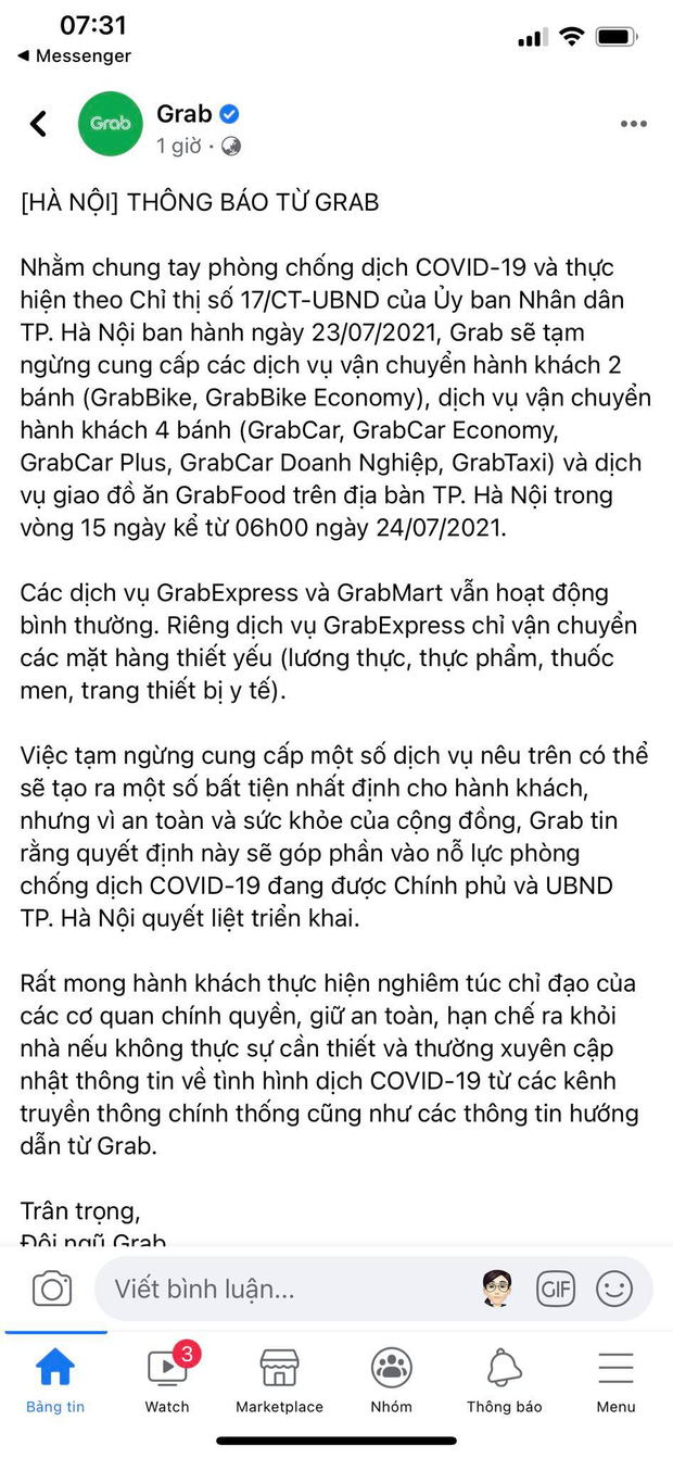  Grab và Now thông báo tạm dừng dịch vụ giao đồ ăn tại Hà Nội từ 6h ngày 24/7 - Ảnh 1.